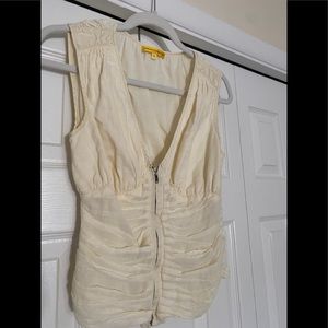 Cream sleeveless zip up deep V ruched cotton blouse